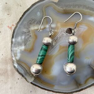 Vintage 70’s/80’s TAXCO Sterling Silver Ball & Malachite Tube Dangle Earrings